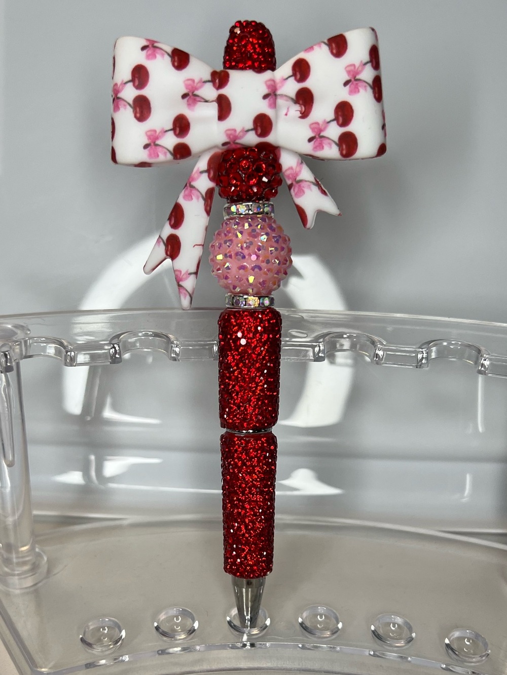 Handcrafted Red Glitter Cherry Bow Pen